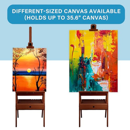 Large Beechwood H-Frame Studio Easel Stand with Storage Drawer, Walnut | Height Adjustable to 35Inches High, Suitable for Painting, Sketching and Displaying - style: Basic Walnut