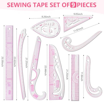 KISEER 9 Pcs Clear Metric Sewing Ruler Set French Curve Pattern Making Ruler Kit for Knitting Tailors Crafting Dress Designers Sewing Beginner Supplies (9 Pcs - B) - size: 9 Pcs - B