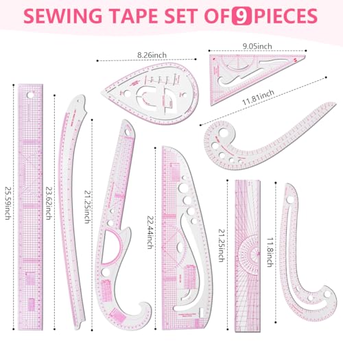 KISEER 9 Pcs Clear Metric Sewing Ruler Set French Curve Pattern Making Ruler Kit for Knitting Tailors Crafting Dress Designers Sewing Beginner Supplies (9 Pcs - B) - size: 9 Pcs - B