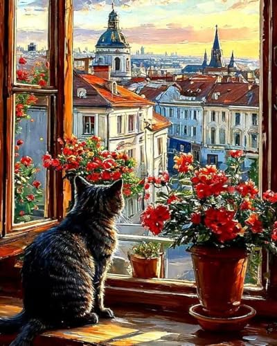 ZRIZQ Paint by Numbers Kit for Adults Beginner,Cityscape Cat,16x20 - color: 16"X20"Rolled Canvas(Frameless)-Cityscape Cat
