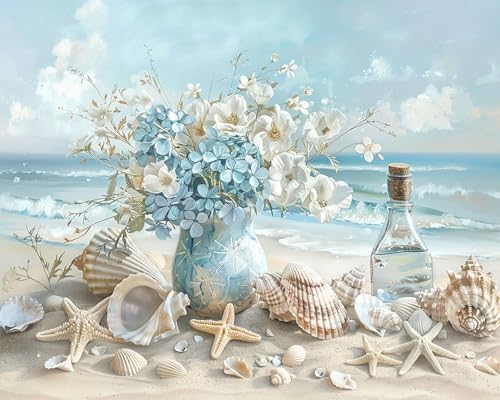 Clendo Beach Paint by Numbers Kit for Adults- Flower Coastal Adult Paint by Number Kits on Canvas, DIY Beach Scene Acrylic Oil Number Painting Kits Arts Crafts for Adults(16 x 20 Inch) - color: MT22665