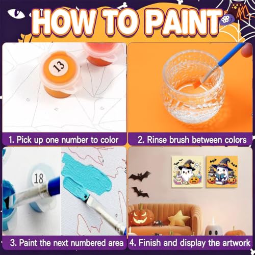 Gemozaic 2 Pack Halloween Paint by Numbers Kit for Kids with Frame, 8x8 in | Halloween Paint by Numbers for Kids Ages 8-12, Cute Kids Painting by Numbers for Boys, Girls Gift, DIY Easy Acrylic Painting - color: BKH2631+BKH2632