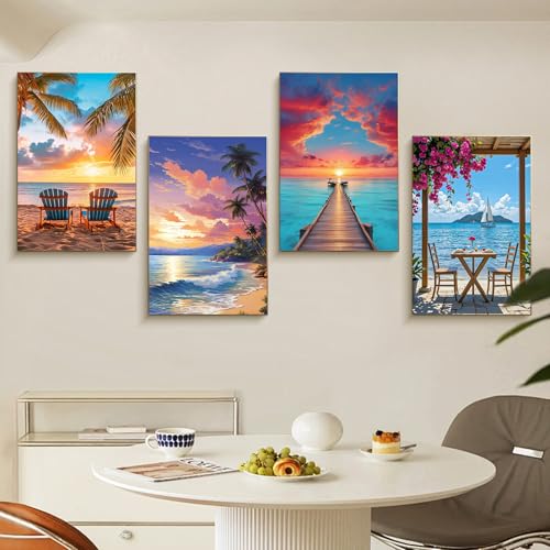 4 Pack Framed Paint by Numbers Kit for Adults Beach with Wooden Easel - color: FOP4P-03