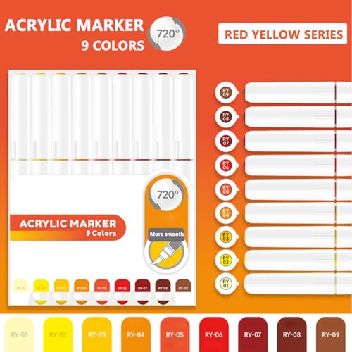 Water Based Acrylic Paint Markers, 9 Colors Paint Pen Set | Red Yellow Series, Soft Brush Tip, Smooth Writing, Marker Pen for Rock Painting, Egg, Wood, Glass, Mugs, Black Paper - color: Red Yellow Series