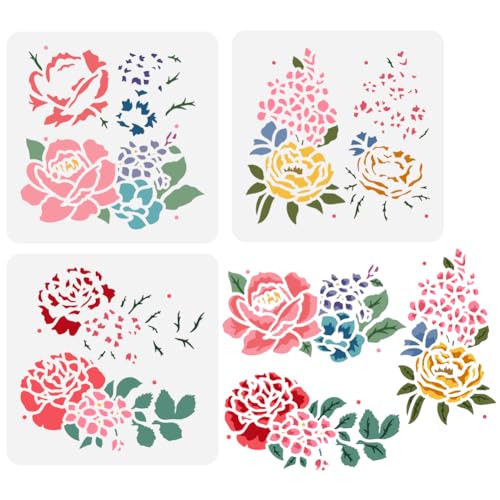 FINGERINSPIRE 3 Pcs Layered Flower Painting Stencil 5.9x5.9inch Reusable Rose Flower Pattern Drawing Template DIY Peony Floral Plants Decoration Stencil for Painting on Wood Wall Fabric Furniture - color: 3 Pcs Layered Flower