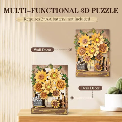 3D Puzzles for Adults Sunflower Bloom Wooden Bloom Craft with LED Light - color: Sunflower