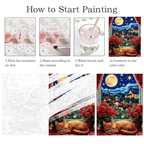 ZRIZQ Paint by Numbers Kit for Adults Beginner,Moon Cat,16x20 | Full set with wooden brushes,rolled canvas,rich paints.Calming activity.Beginner friendly.Just open and paint. - color: 16"X20"Rolled Canvas(Frameless)-Moon Cat