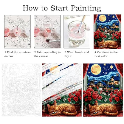 ZRIZQ Paint by Numbers Kit for Adults Beginner,Moon Cat,16x20 | Full set with wooden brushes,rolled canvas,rich paints.Calming activity.Beginner friendly.Just open and paint. - color: 16"X20"Rolled Canvas(Frameless)-Moon Cat