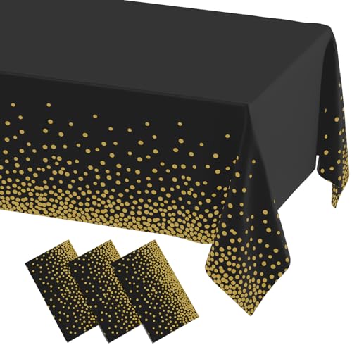 3 Packs Dot Disposable Table Cloth, 54 x 108 Inch Waterproof Plastic Tablecloth, Rectangle Gold Dots in Black Table Covers for Picnic, Birthday, Party and Back to School - color: Gold in Black, size: 54" x 108"