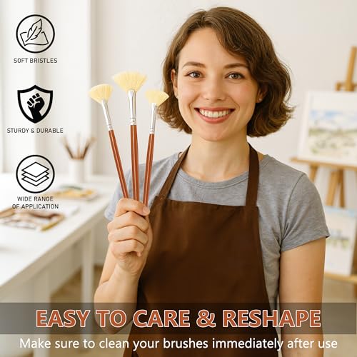 DUGATO Hog Hair Fan Paint Brush Set, 7-Piece Long Handle Brushes | Comfortable Wood Handle for Ceramic Pottery Glazing & Painting, Ideal for Acrylic & Oil, Smooth Blending & Texture Effects - size: 7pcs Fan Brushes