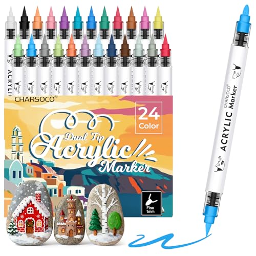 Acrylic Paint Markers, 24 Colors Dual Tip Acrylic Paint Pens, Water-Based No-Bleed Markers with Automatic Ink Control System, Bullet & Brush Tip, Works on Paper, Wood, Ceramic, Rock,813-24pcs - color: 24 Colors