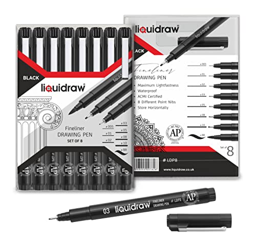 Liquidraw Drawing Pens - Set of 8 | Black Fineliner Pens with Brush Tip | Waterproof Ink for Artists, Architects & Students | For Technical Drawing, Sketching, Writing, Calligraphy & Illustration
