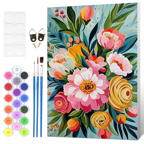 HEIBAGO Framed Paint by Numbers Kit Flowers for Adults, Paint by Numbers for Adults Beginner, Adult Paint by Number Kits on Canvas, DIY Painting by Numbers for Gift Home Wall Decor 8 x 12 Inch - color: Flowers-1