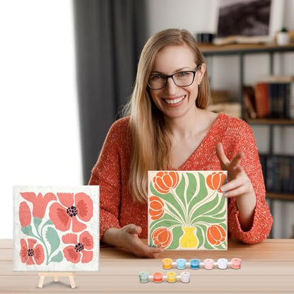 RoundFunny 8 Set Paint by Numbers Drawing Kit for Adults,Simple Blossom | 8x8 in. Mini Simple Painting Canvas Wooden Frame Easel Acrylic Paint Brush Funny Number Drawing Kit for Gift Wall Home Decor - style: Simple Blossom