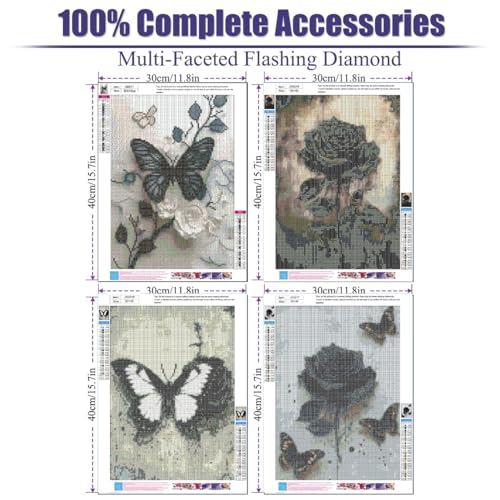 LWZAYS 4 Packs Gothic Diamond Art Kits for Adults, 5D Black Flower and Butterfly Full Round Drill Diamond Painting Kits,DIY Paintings Picture Arts Craft for Home Wall Decor 12 X 16Inch - color: G8871-JX0217-JX0218-JX0219-US