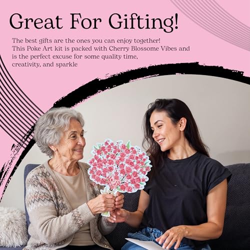 Unwynd Poke Art Cherry Blossom Flower Bouquet Kit for Adults, Women & Teens | Hobby activity, brain puzzles, adult, 12 illustration sheets, 12 pages of stickers, 12 colour pages Rubbing Plates & Supplies - style: Cherry Blossom