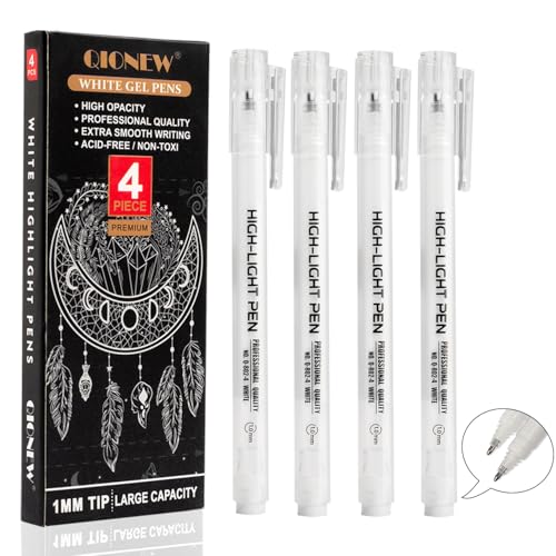 Qionew White Gel Pens,4 Pack,1mm Fine Point Gel Ink Pen Set Artists Drawing | Opaque White Archival Ink Pens, for Black Paper Drawing,Card Making, Art Highlight & Artists Drawing - size: 1.0 mm, style: White