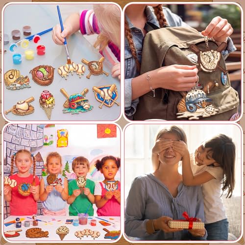 Saypacck 24 Pcs Ice Cream Drip Baseball Party Favors Wooden Paint Craft Kit | Birthday Party Supplies with Paint Brushes, Wooden Craft for Goodie Bag Fillers, Thank You Gifts with Organza Bags - style: Ice Cream Drip Baseball