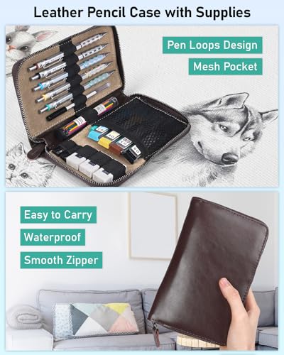 Nicpro Blocky Gear Metal Mechanical Pencil Set in Leather Case | 29PCS Art Drafting Pencils (0.3/0.5/0.7/0.9/2mm) with 330PCS Lead (HB 2H 4H 2B 4B 6B Color) For Writing Sketching Drawing - style: 5 PACK with Leather Bag