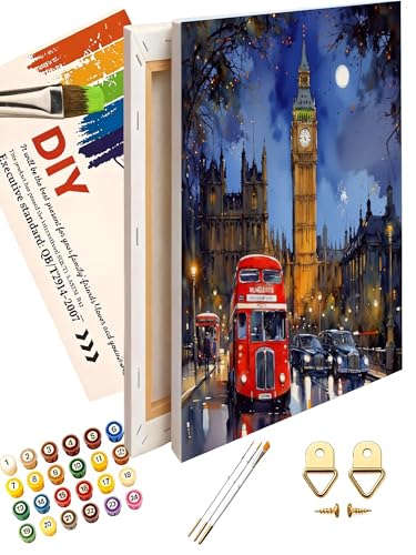 London Cityscape Paint by Numbers Kit for Adults - DIY Big Ben and Double-Decker Bus Painting on Canvas 12X16IN framed, Acrylic Paint Set, Suitable for Beginners, Art for Home Decoration or Gifts - color: cyy016-12X16IN framed