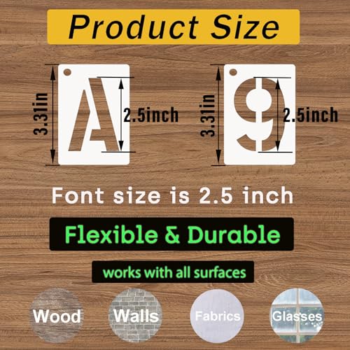 2.5 Inch Letter and Number Stencils, 68 Pcs Reusable Plastic Alphabet Spray Paint Stencils for Painting on Wood, Wall, Fabric, Rock, Signage, Door Porch, DIY Art Projects - size: 2.5 Inch