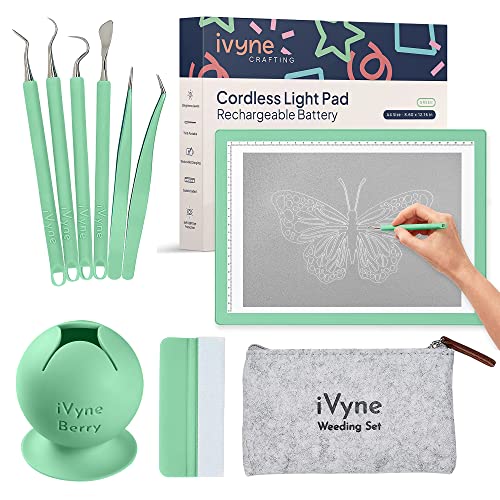 iVyne Complete Set Rechargeable A4 Light Pad, Weeding Tools for Vinyl, Scrap Collector for Cricut and Silhouette Machines for Every Tracing, Drawing Projects (Green) - color: Green, size: Rechargeable - Deluxe
