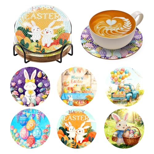 Zynlio Easter Diamond Paintings Coasters Kits Set with Holder,Diamond Art, DIY Diamond Crafts Coasters for Adults, Diamond Art Painting Kits for Women, Beginners, Diamond Craft Supplies (Easter) - color: Easter