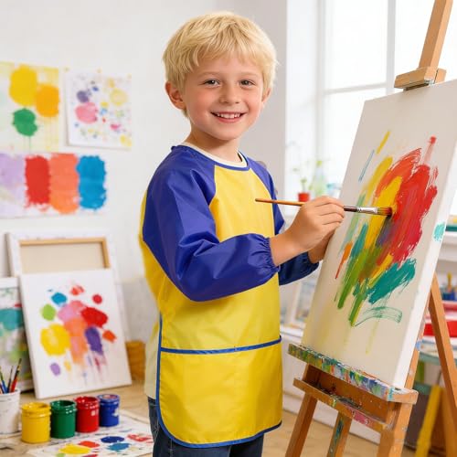 2 Pack Kids Art Smock Waterproof with Long Sleeve and 3 Roomy Pockets Artist Children Aprons for Toddlers Age 3-8 Painting Crafts(Yellow) - color: 2 Pack Yellow