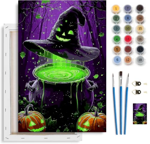 Spandrel Halloween Witch Magic Potion Paint by Numbers Kit for Adults, Witch Hat Dark Purple Forest Gothic DIY Canvas Oil Painting Wall Decor Halloween Holiday Gift, 8x12in - color: H-12