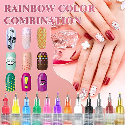12 Colors Nail Art Pens, 0.5mm Fine Tip 3D Acrylic Polish Pen Set, Waterproof Quick-Drying Dotting Graffiti Drawing Liner Brush, DIY Nail Art Design Manicure Tools for Beginners Women Home Salon
