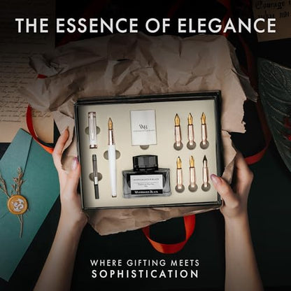 Wordsworth & Black Luxury Calligraphy Pen Set, 6 Nibs, White Rose | Fountain Ink Bottle, Cartridges & Refill Converter, Refillable, White, High End Gift for Men & Women, Journaling & Lettering - color: White Rose Gold