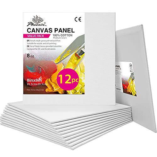 PHOENIX Painting Canvas Panels 8x8 Inch, 12 Value Pack - 8 Oz Triple Primed 100% Cotton Acid Free Square Canvas Boards for Painting, White Blank Flat Canvas Boards for Acrylic, Oil Paints - color: White, size: 8" x 8"