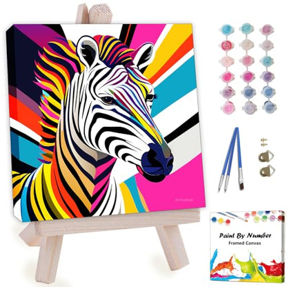 Artunion Framed Paint by Numbers Kit for Adults Beginners & Kids Ages 8-12,Colorful Zebra Paint by Number with Frame,Animal Paint by Numbers Kit on Canvas 10 * 10 Inch Without Easel - color: ZXT-273-F