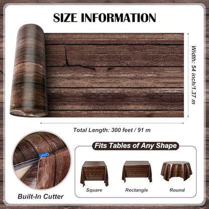 300FT x 54IN Wood Grain Plastic Tablecloth Roll with Slide Cutter Box | Heavy Duty Disposable Rustic Picnic Table Cover & Wall Backdrop, Cut-to-size for Western Party, Bulletin Board Backdrop - color: Wood Grain, size: 3600" x 54" (Rectangular)