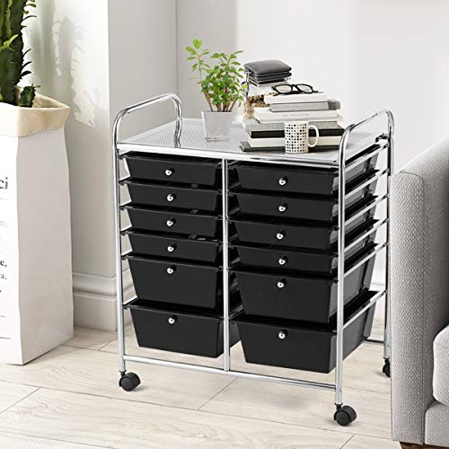 12 Drawer Rolling Storage Cart, Craft Cart Organizer on Wheels w/Metal Frame, Large Capacity & Smooth Drawer, Rolling Cart w/Drawers for Classroom, Office - color: Black, size: 12 Drawer