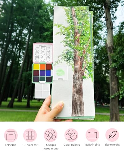 Woomer 9-Color Travel Watercolor Pan Set for Beginners & Sketch Artists