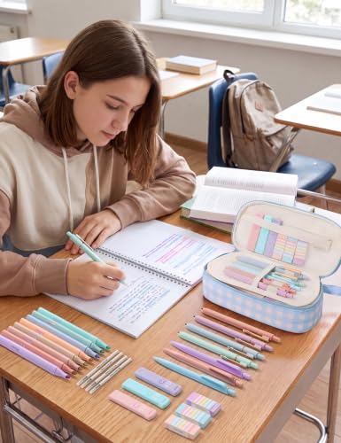 SUNEE Pencil Case with Supplies, 35PCS Aesthetic Stationery Set with Pastel Highlighters, Black Gel Pens, Mechanical Pencils & Refills, College School Supplies for Students Girls Blue Checkered - color: Blue Checkered, style: 35 Pack