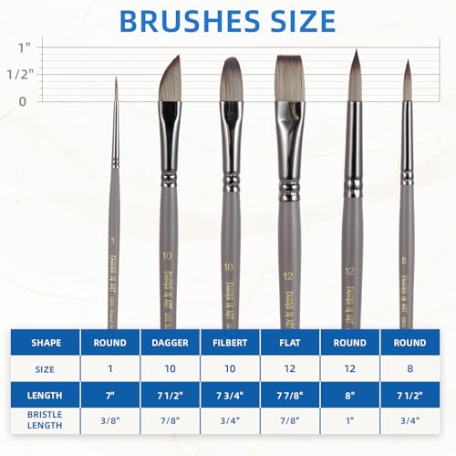 Falling in Art 6 Pcs Professional Watercolor Paint Brush Set, Gray | Artist Painting Brush Set with Round, Flat, and Filbert, Watercolor Brushes for Acrylic, Gouache, and Oil Painting - color: Gray