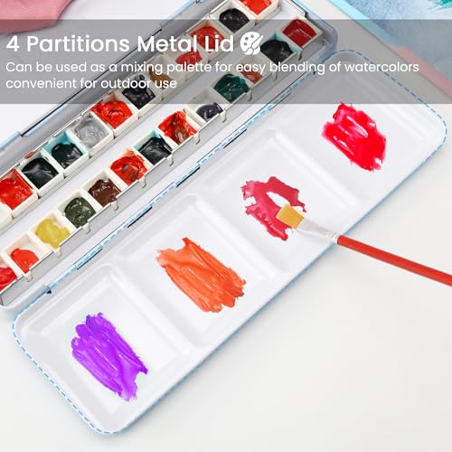 Empty Watercolor Palette Tin with 24 Half Pans, Metal Paint Tray and Mixing Wells, Customizable Travel Watercolor Palette for Plein Air, Studio, and Artists