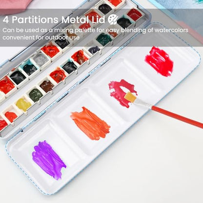 Empty Watercolor Palette Tin with 24 Half Pans, Metal Paint Tray and Mixing Wells, Customizable Travel Watercolor Palette for Plein Air, Studio, and Artists