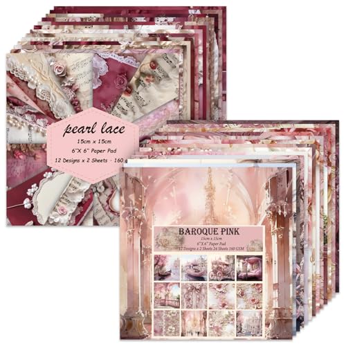 6x6" Scrapbooking Paper Pad Single Sided Decorative Colored Papers | 160GSM 24 Patterned 48 Sheets Cardstock,Art Paper for Craft Paper Present Wrapping DIY Junk Journal Supplies.PLace BaroqueP - color: 2PcsSet-Pearl Lace Baroque Pink
