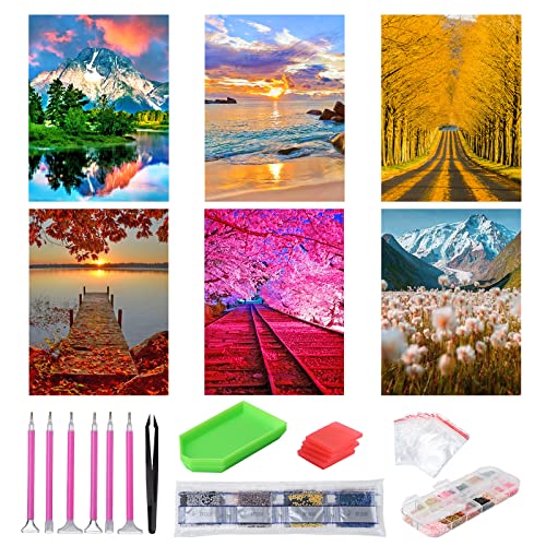 abcGoodefg 6 Pack 5D Diamond Art Painting Kits for Adults DIY Full Drill Diamond Art Kits Diamond Embroidery Paintings for Beginners, Home Wall Decor, 12x16 inch (Scenery 1) - color: Scenery 1