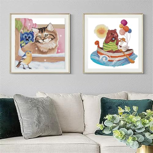 JOYSEWING Cat Stamped Cross Stitch Kits,Animals Counted 11CT Needlepoint Kits for Beginners,Embroidery Kit Arts and Crafts for Home Wall Decor Gifts-(Birds and Cats (Printed)) 16.1×16.5 inch - color: Birds and Cats (Printed)