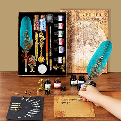 Aifeiter Quill Pen Feather Calligraphy Pen and Ink Set,Wax Seal Stamp Set,includes Quill Pen,Glass Dipping Pen,Wooden Dipping Pen,6 Bottles of Ink,8 Sheets of Writing Paper,Envelope-Green - color: Green