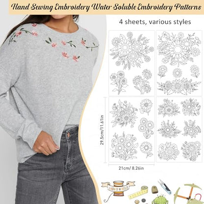 Water Soluble Stabilizer Embroidery Pattern - Sunflower Letter Stick & Stitch Embroidery Paper Wash Away, Flower Hand Sewing Patterns for T-Shirt Bag Towel (4 Sheets) - style: Flower130