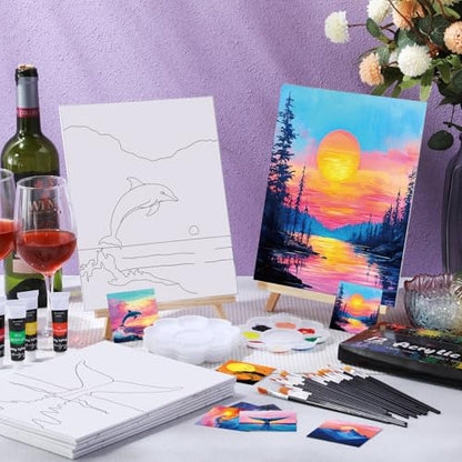 Cholemy 36 Pcs Paint and Sip Kit Gift for Adults 8''x10'',Sunset Style | Pre Drawn Canvas, Painting DIY Afro Acrylic Painting Kit, Wood Easel Brushes, Date Night Bulk, Summer Halloween Party - style: Sunset Style