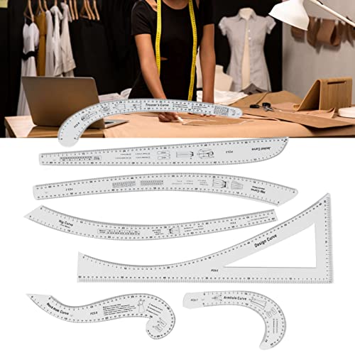 7Pcs Fashion Clear Metric Sewing Ruler Set, French Curve Pattern Ruler Kit for Beginners, Tailors, and Designers, Fashion Design Dress Makers Ruler, Clear Sewing Tailors Pattern Making Ruler