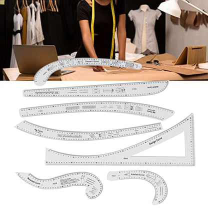 7Pcs Fashion Clear Metric Sewing Ruler Set, French Curve Pattern Ruler Kit for Beginners, Tailors, and Designers, Fashion Design Dress Makers Ruler, Clear Sewing Tailors Pattern Making Ruler