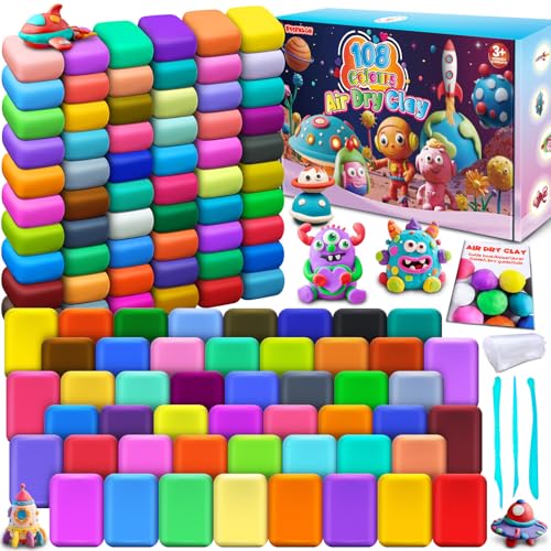 Air Dry Clay, 108 Colors Modeling Magic Clay for Kids | Includes Tools, Soft & Ultra Light, Ages 3-8+ Years, Boys & Girls - color: 108 Colors