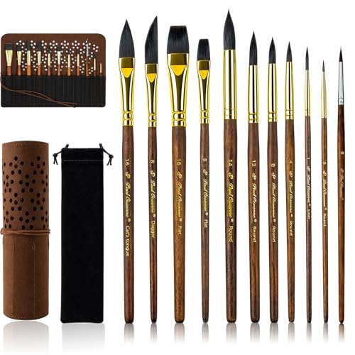Watercolor Paint Brushes Professional, 11PCS Synthetic Squirrel Watercolor Brushes Set with Roller Case for Travel- Extended Point, Flat, Round Pointed, Cats Tongue, Dagger (11, Brown)